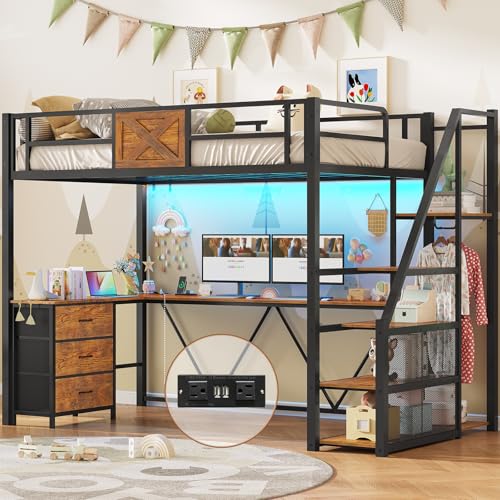 Itaar Stairway Twin Size Loft Bed with L Shaped Desk and Wardrobe